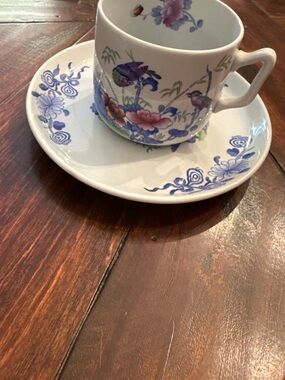 Spode White Porcelain Teacup and Saucer with Blue and Pink Floral Bird Motif